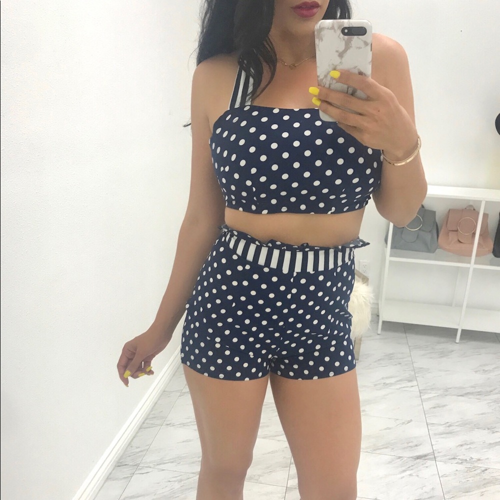 Navy blue & white polka dot short set